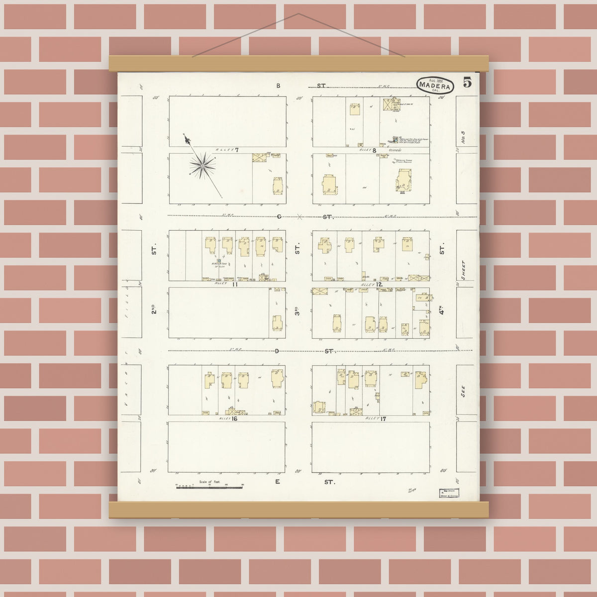 Old map wall art mockup — magnetic wood frame on brick wall — Sanborn Fire Insurance Map from Madera, Madera County, California (1891), Sheet #0005