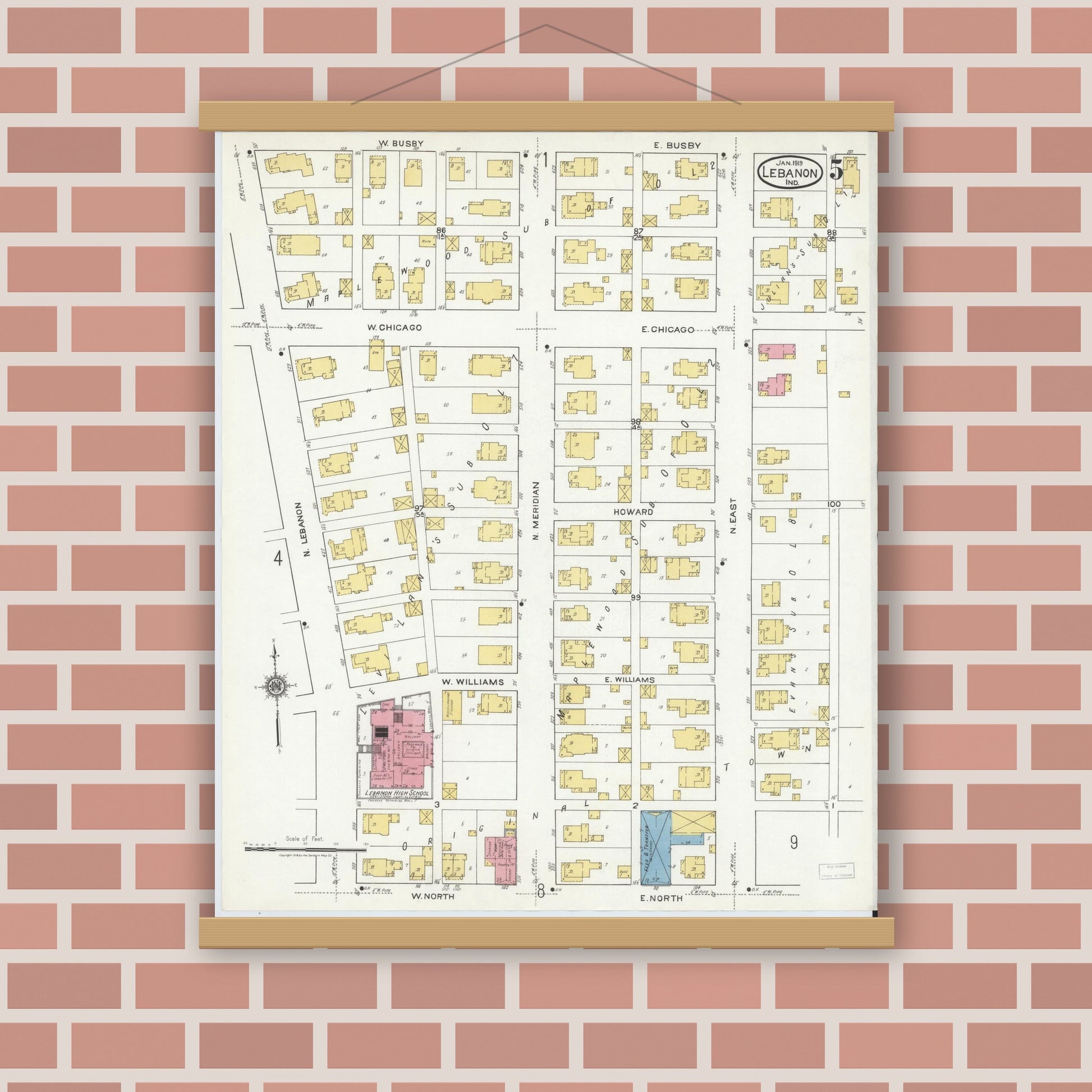 Old map wall art mockup — magnetic wood frame on brick wall — Sanborn Fire Insurance Map from Lebanon, Boone County, Indiana (1919), Sheet #0005