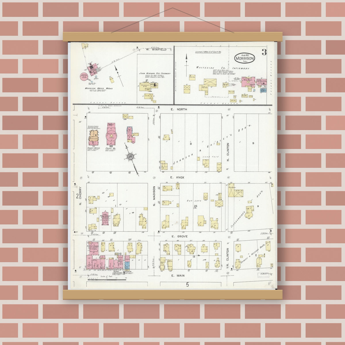 Old map wall art mockup — magnetic wood frame on brick wall — Sanborn Fire Insurance Map from Morrison, Whiteside County, Illinois (1912), Sheet #0003