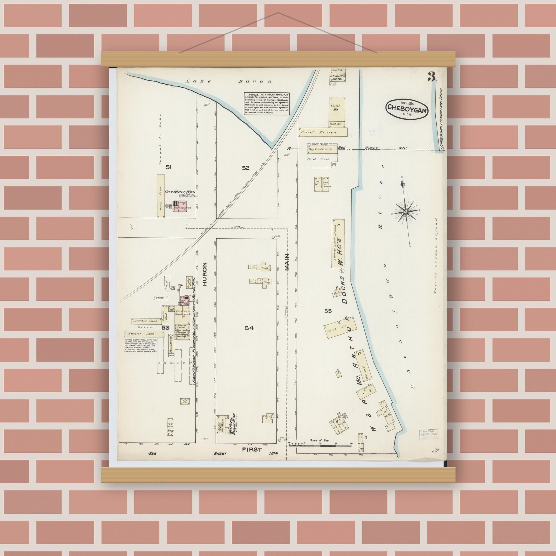 Old map wall art mockup — magnetic wood frame on brick wall — Sanborn Fire Insurance Map from Cheboygan, Cheboygan County, Michigan (1884), Sheet #0003
