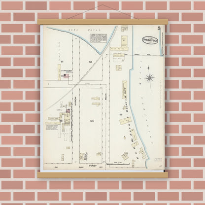 Old map wall art mockup — magnetic wood frame on brick wall — Sanborn Fire Insurance Map from Cheboygan, Cheboygan County, Michigan (1884), Sheet #0003