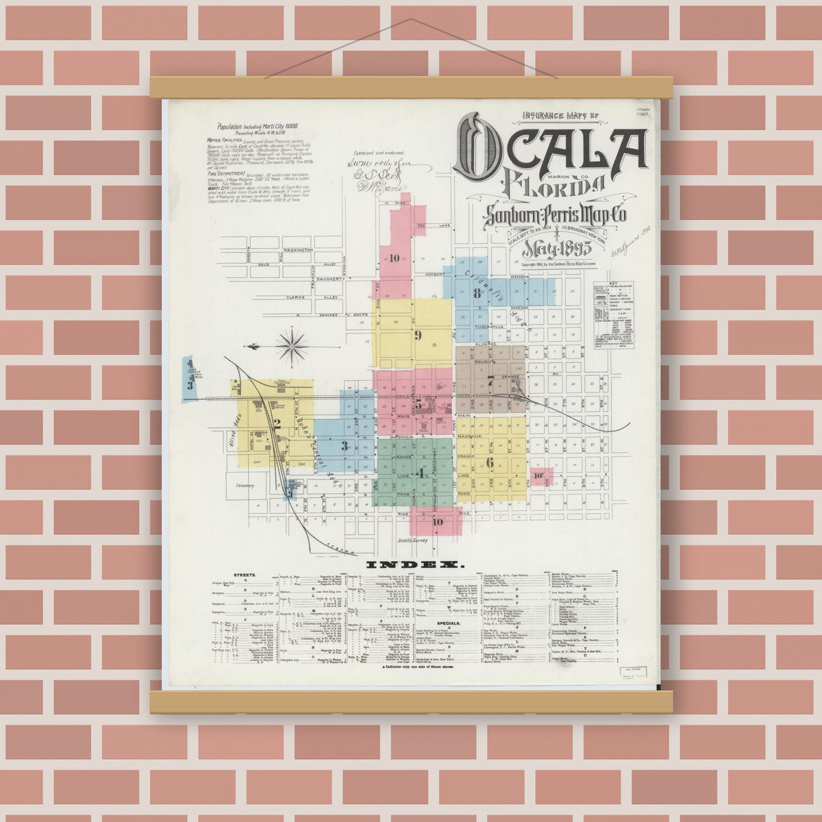 Old map wall art mockup — magnetic wood frame on brick wall — Sanborn Fire Insurance Map from Ocala, Marion County, Florida (1895), Sheet #0001