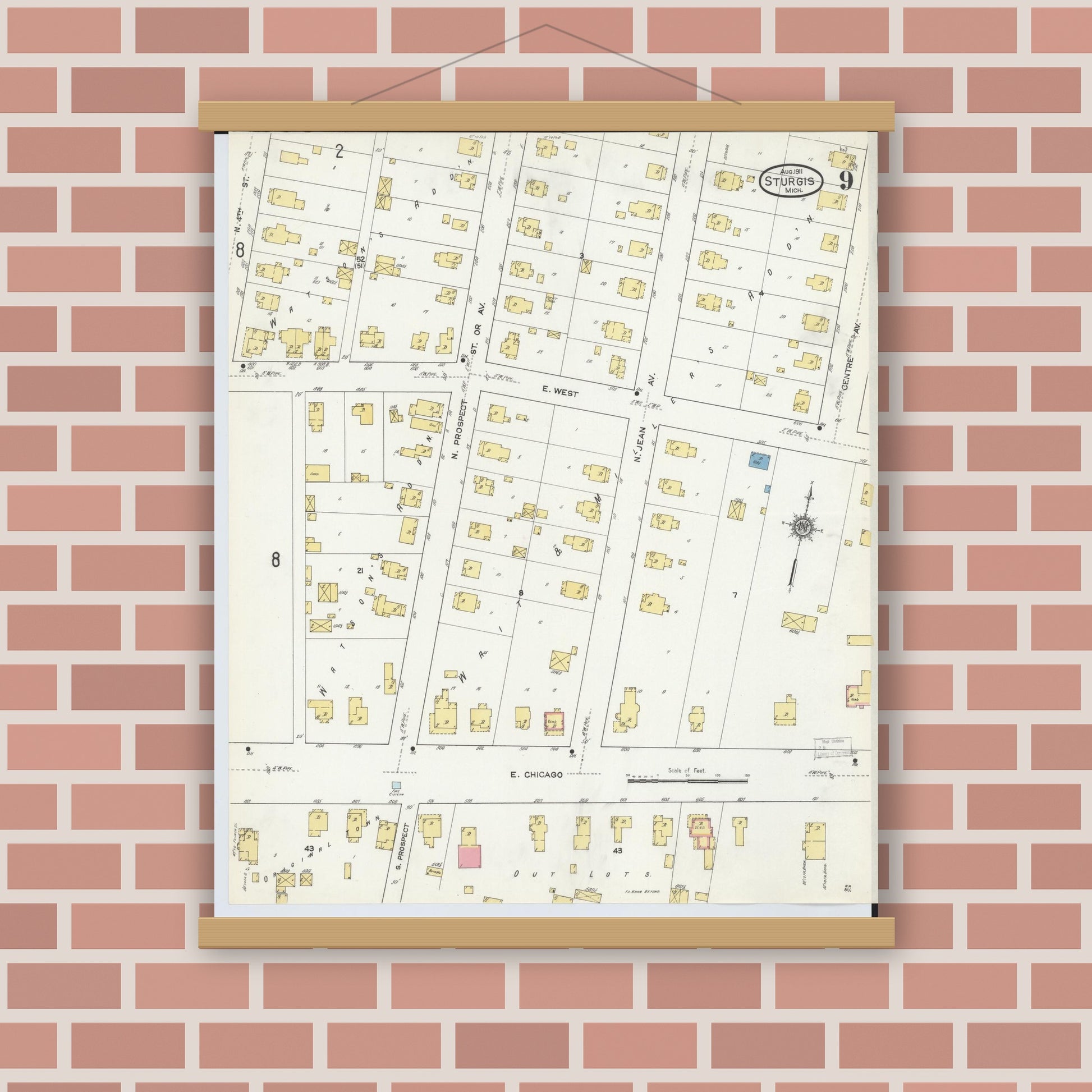 Old map wall art mockup — magnetic wood frame on brick wall — Sanborn Fire Insurance Map from Sturgis, Saint Joseph County, Michigan (1911), Sheet #0009