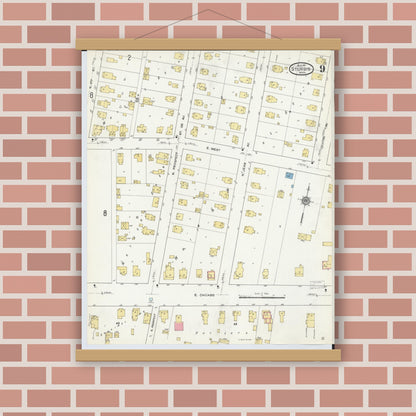 Old map wall art mockup — magnetic wood frame on brick wall — Sanborn Fire Insurance Map from Sturgis, Saint Joseph County, Michigan (1911), Sheet #0009