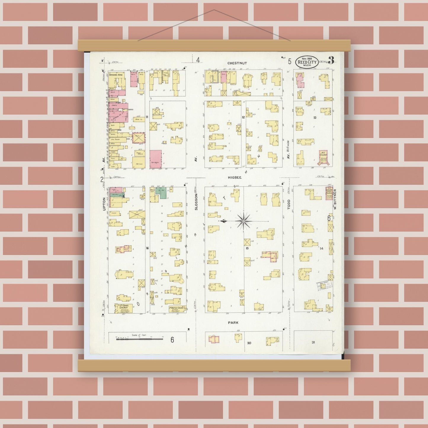 Old map wall art mockup — magnetic wood frame on brick wall — Sanborn Fire Insurance Map from Reed City, Osceola County, Michigan (1908), Sheet #0003