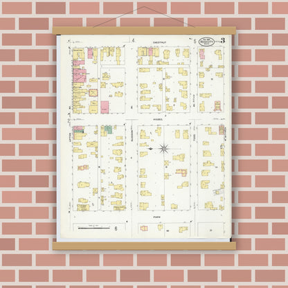 Old map wall art mockup — magnetic wood frame on brick wall — Sanborn Fire Insurance Map from Reed City, Osceola County, Michigan (1908), Sheet #0003