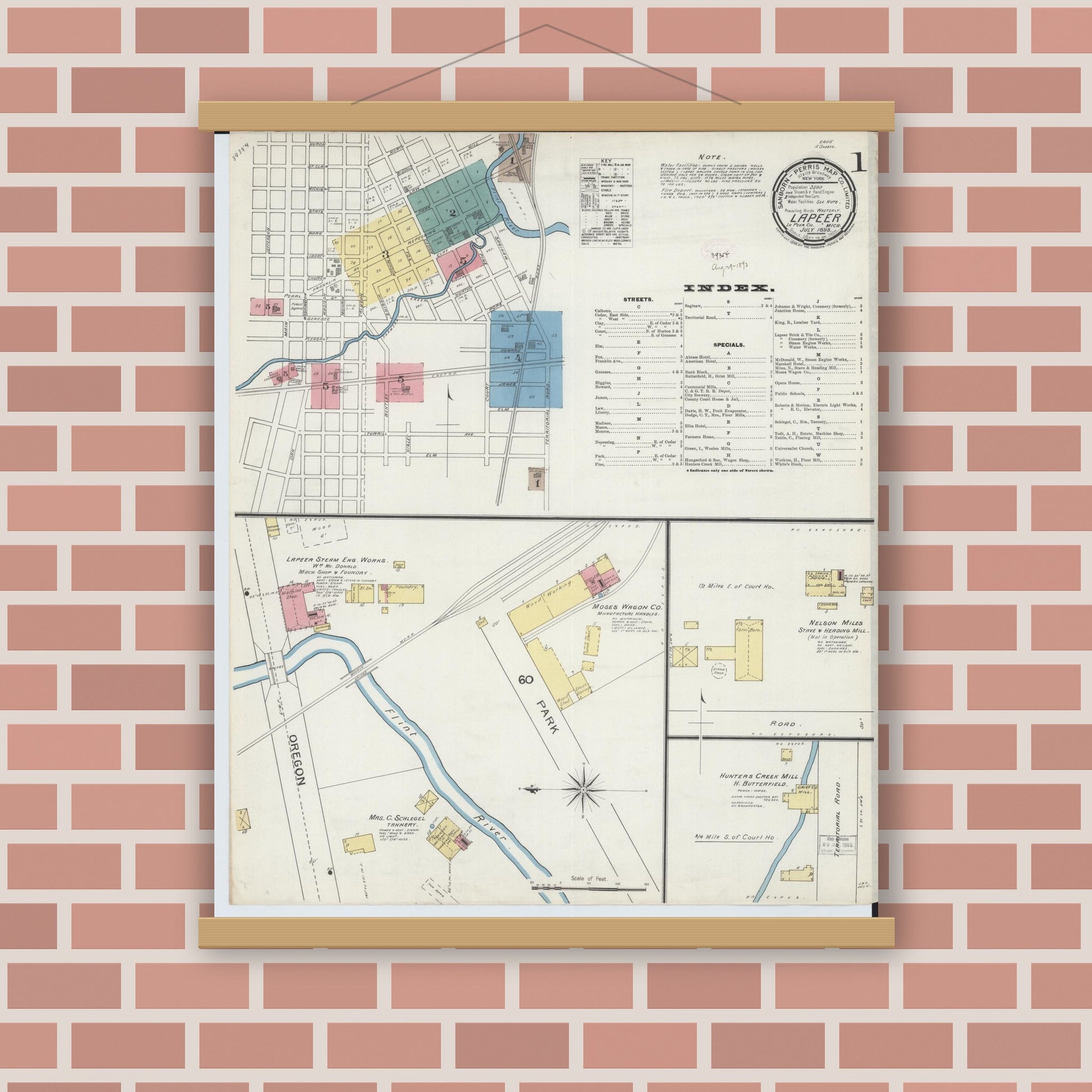 Old map wall art mockup — magnetic wood frame on brick wall — Sanborn Fire Insurance Map from Lapeer, Lapeer County, Michigan (1893) - Complete Map Set