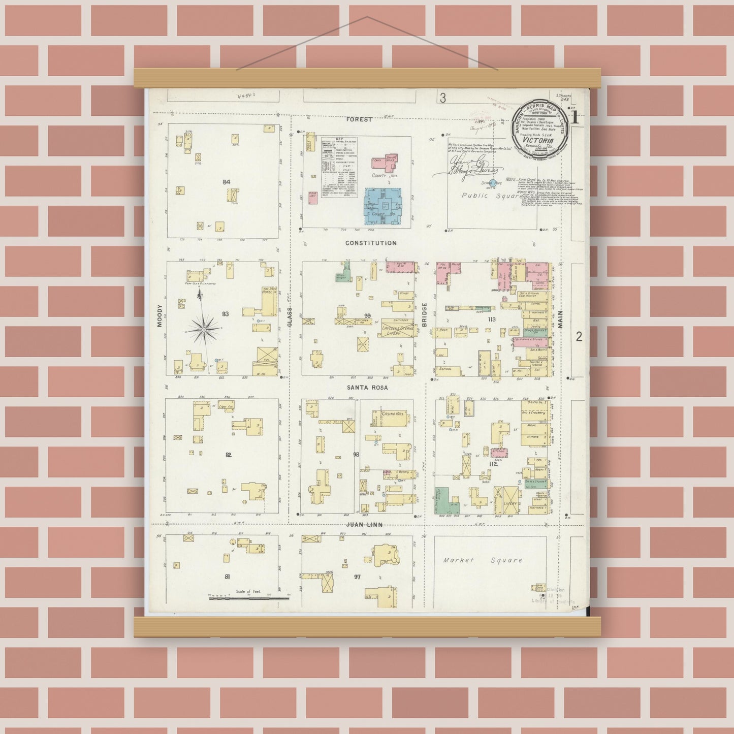 Old map wall art mockup — magnetic wood frame on brick wall — Sanborn Fire Insurance Map from Victoria, Victoria County, Texas (1896), Sheet #0001