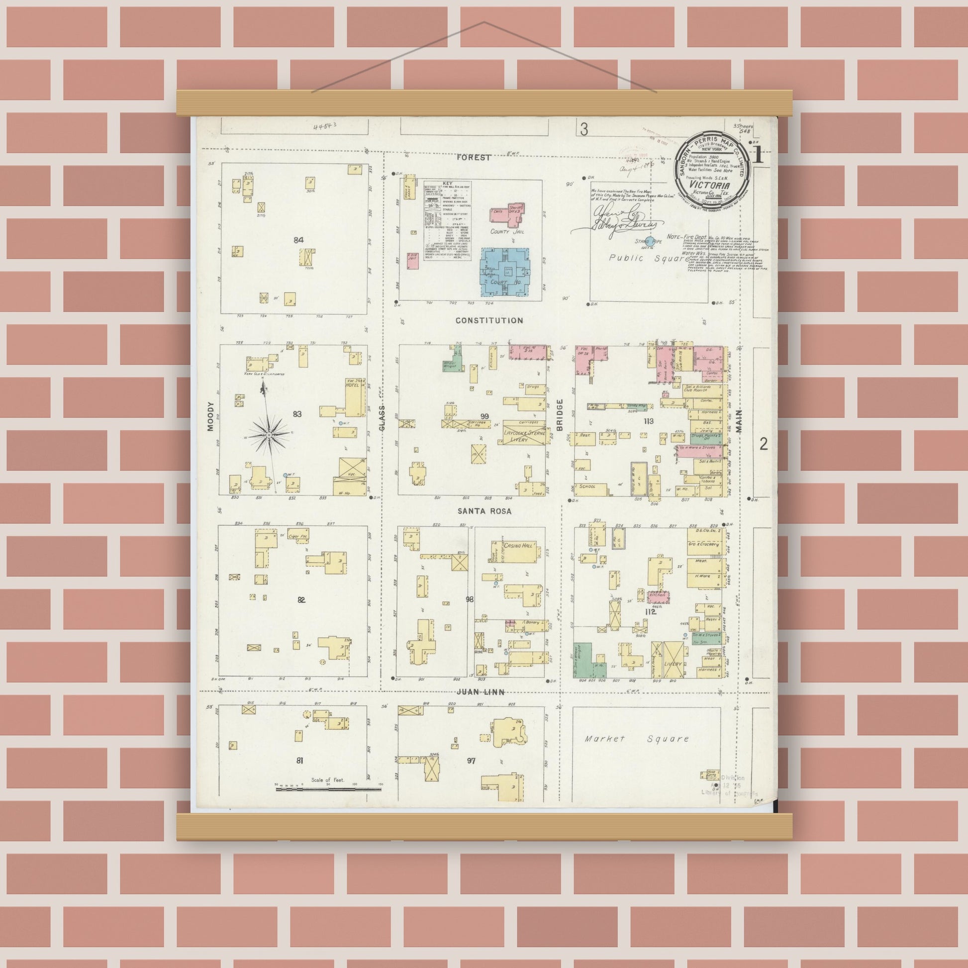 Old map wall art mockup — magnetic wood frame on brick wall — Sanborn Fire Insurance Map from Victoria, Victoria County, Texas (1896), Sheet #0001