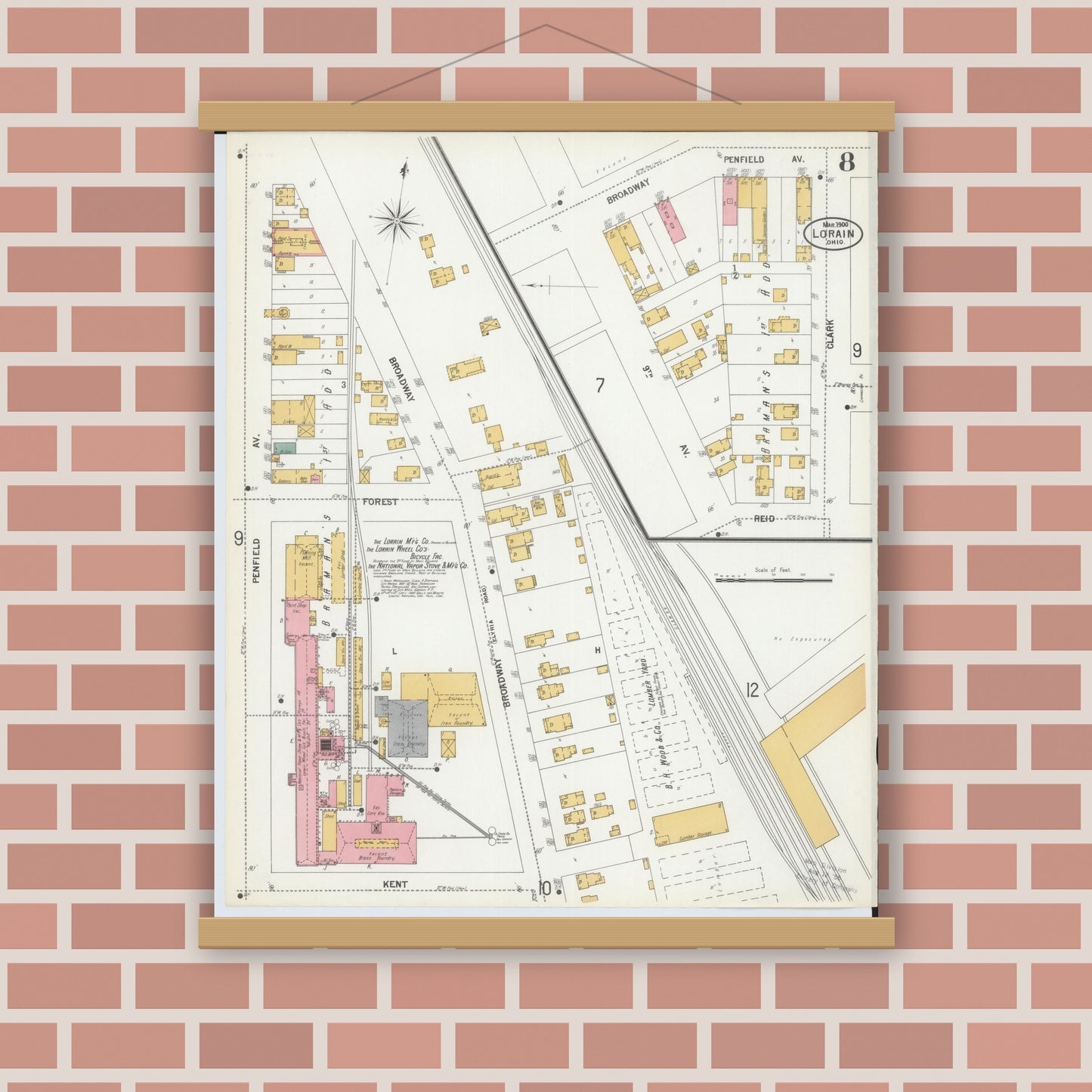 Old map wall art mockup — magnetic wood frame on brick wall — Sanborn Fire Insurance Map from Lorain, Lorain County, Ohio (1900), Sheet #0008