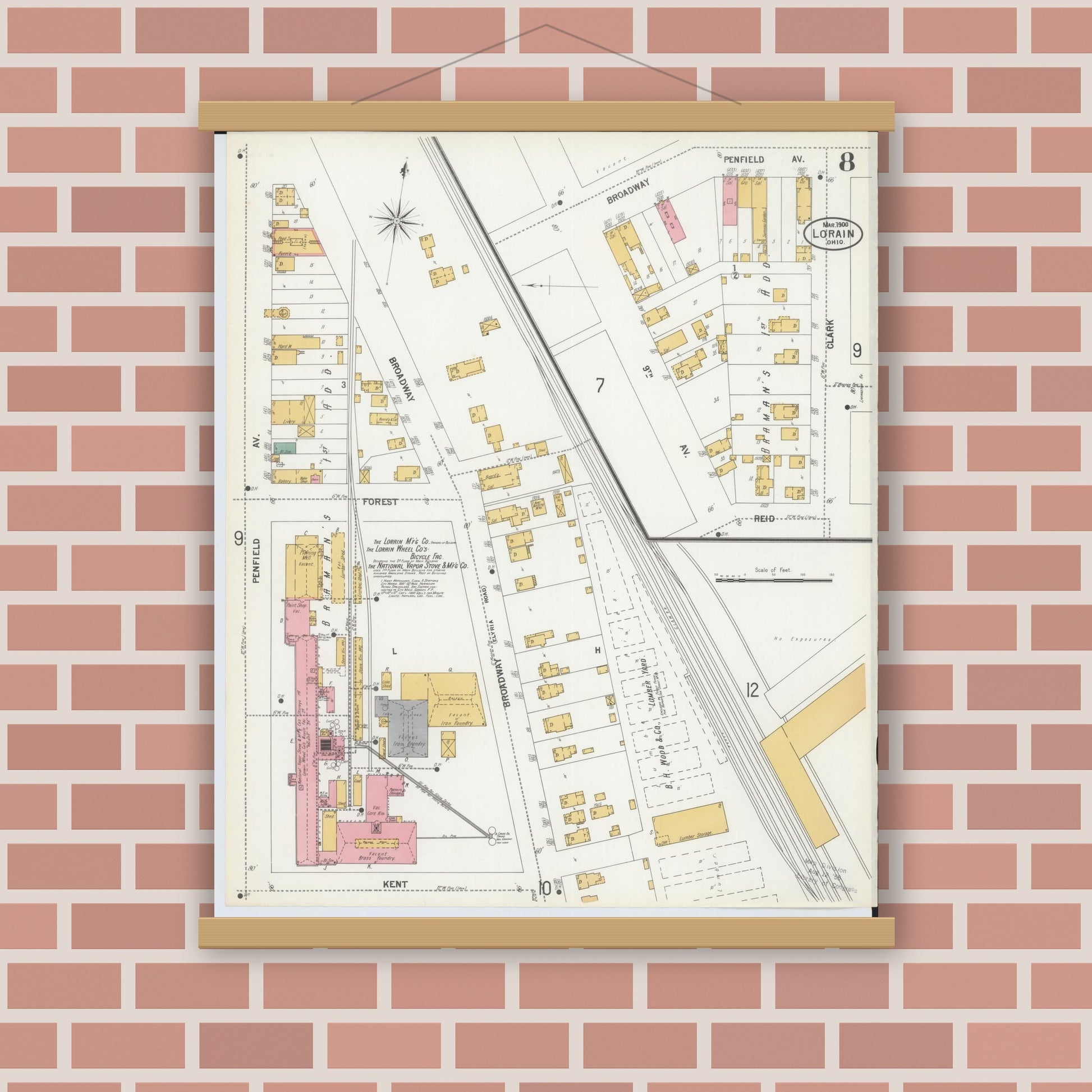 Old map wall art mockup — magnetic wood frame on brick wall — Sanborn Fire Insurance Map from Lorain, Lorain County, Ohio (1900), Sheet #0008