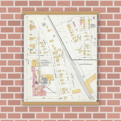 Old map wall art mockup — magnetic wood frame on brick wall — Sanborn Fire Insurance Map from Lorain, Lorain County, Ohio (1900), Sheet #0008