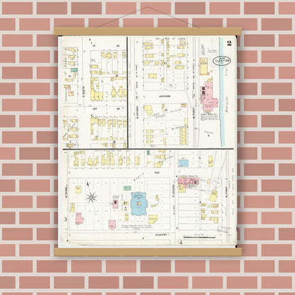 Old map wall art mockup — magnetic wood frame on brick wall — Sanborn Fire Insurance Map from Clinton, Clinton County, Iowa (1897), Sheet #0002