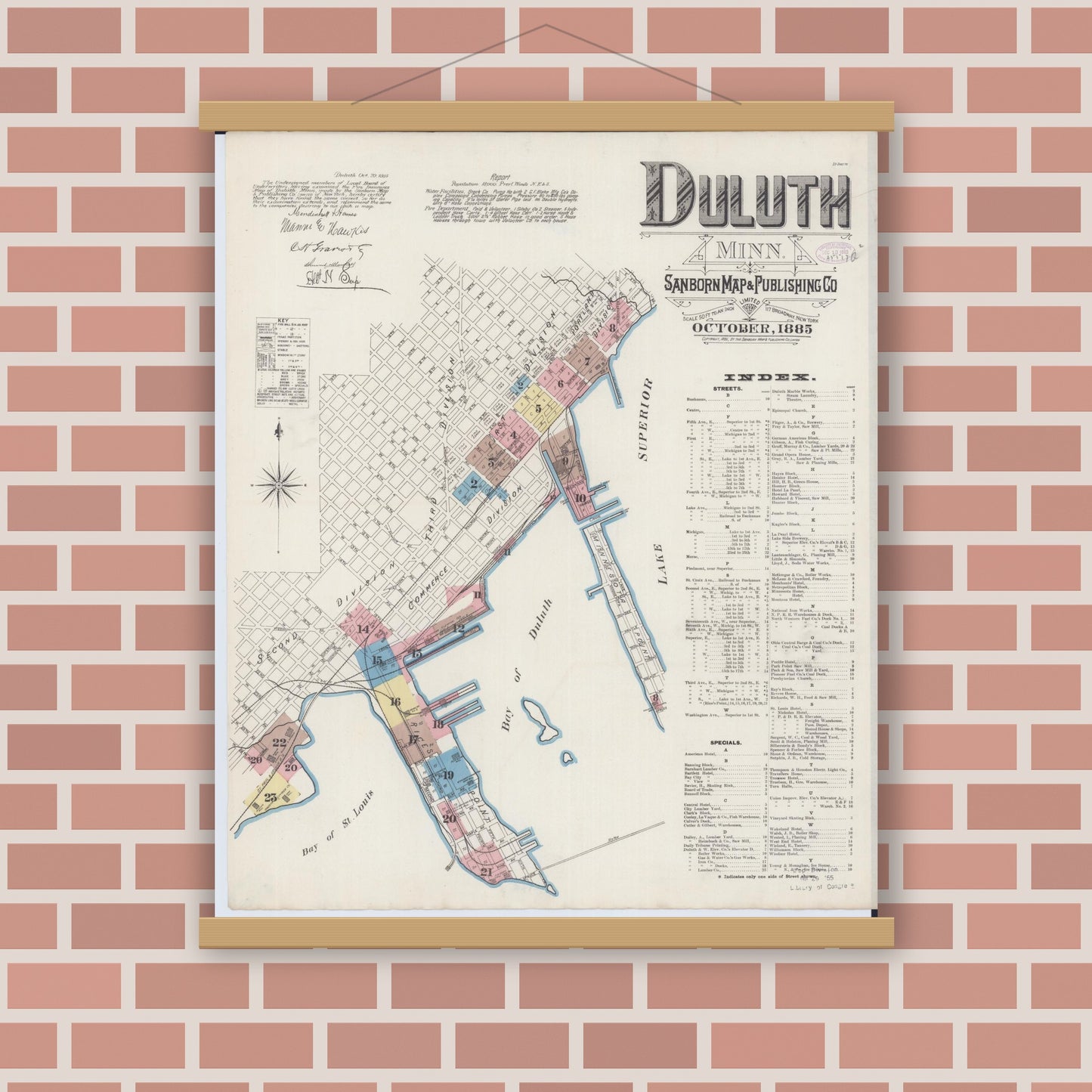 Old map wall art mockup — magnetic wood frame on brick wall — Sanborn Fire Insurance Map from Duluth, Saint Louis County, Minnesota (1885), Sheet #0001