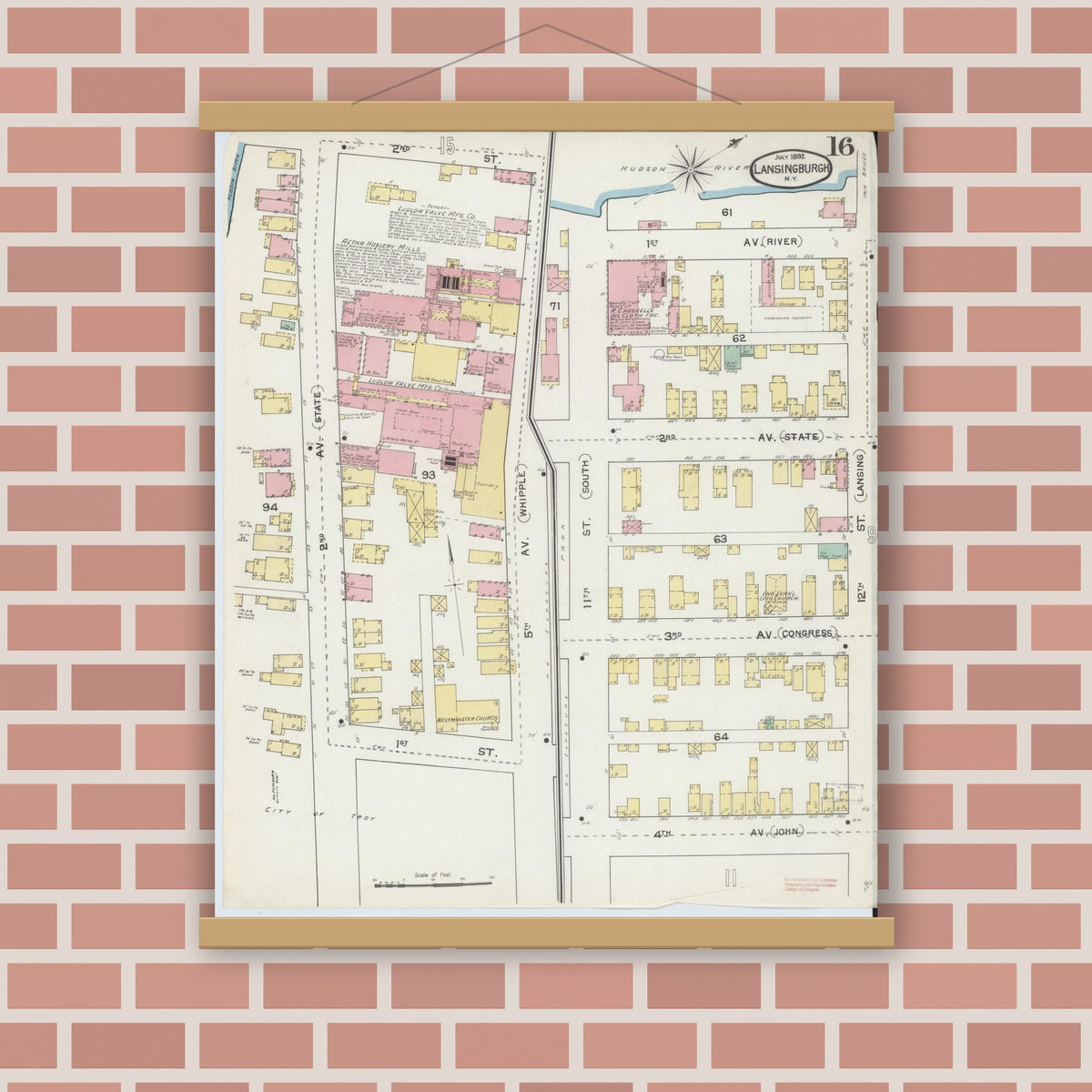 Old map wall art mockup — magnetic wood frame on brick wall — Sanborn Fire Insurance Map from Lansingburg, Rensselaer County, New York (1892), Sheet #0016
