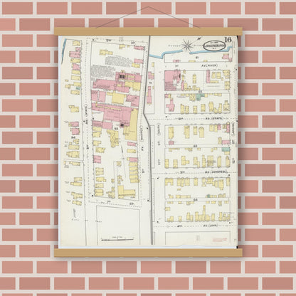 Old map wall art mockup — magnetic wood frame on brick wall — Sanborn Fire Insurance Map from Lansingburg, Rensselaer County, New York (1892), Sheet #0016