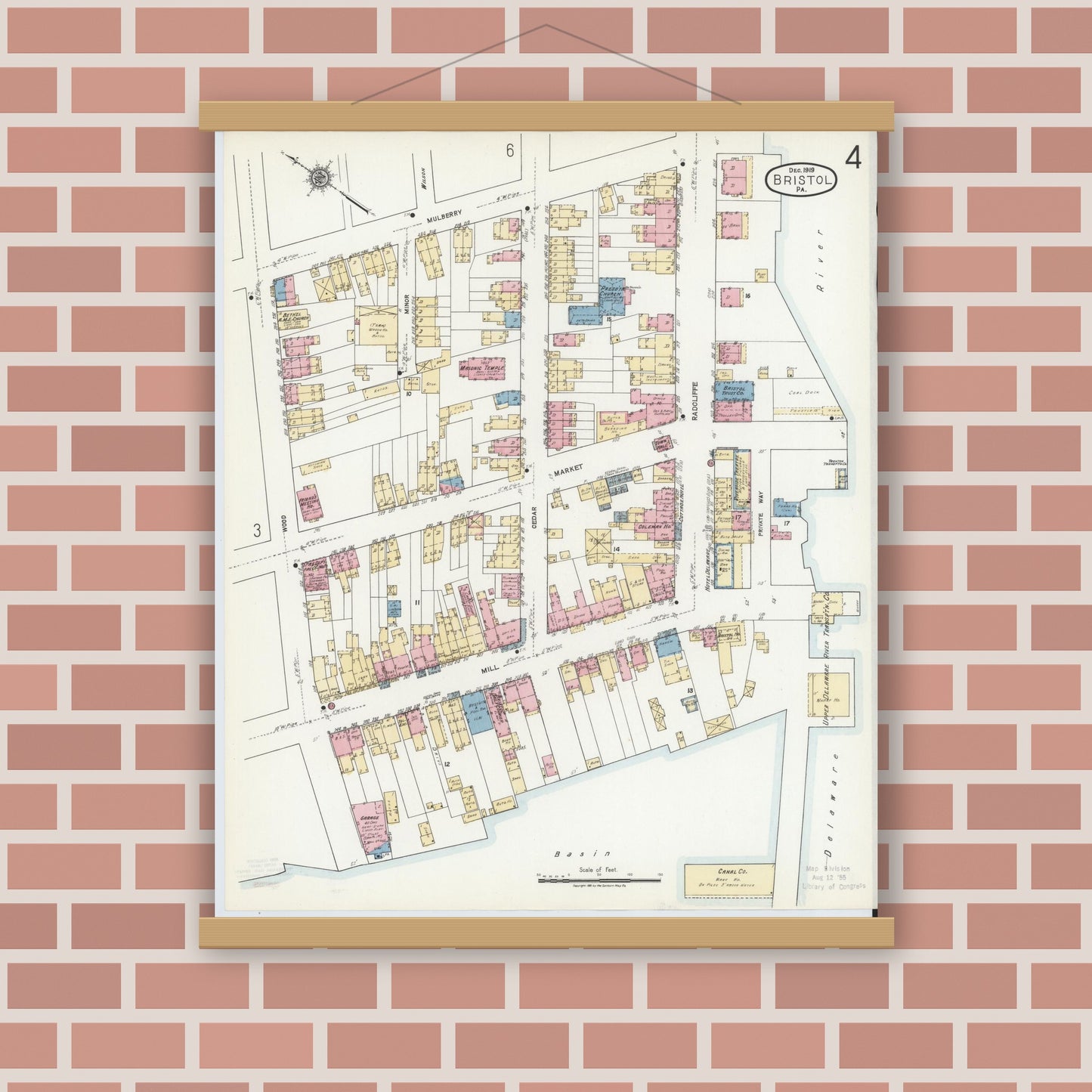 Old map wall art mockup — magnetic wood frame on brick wall — Sanborn Fire Insurance Map from Bristol, Bucks County, Pennsylvania (1927), Sheet #0004