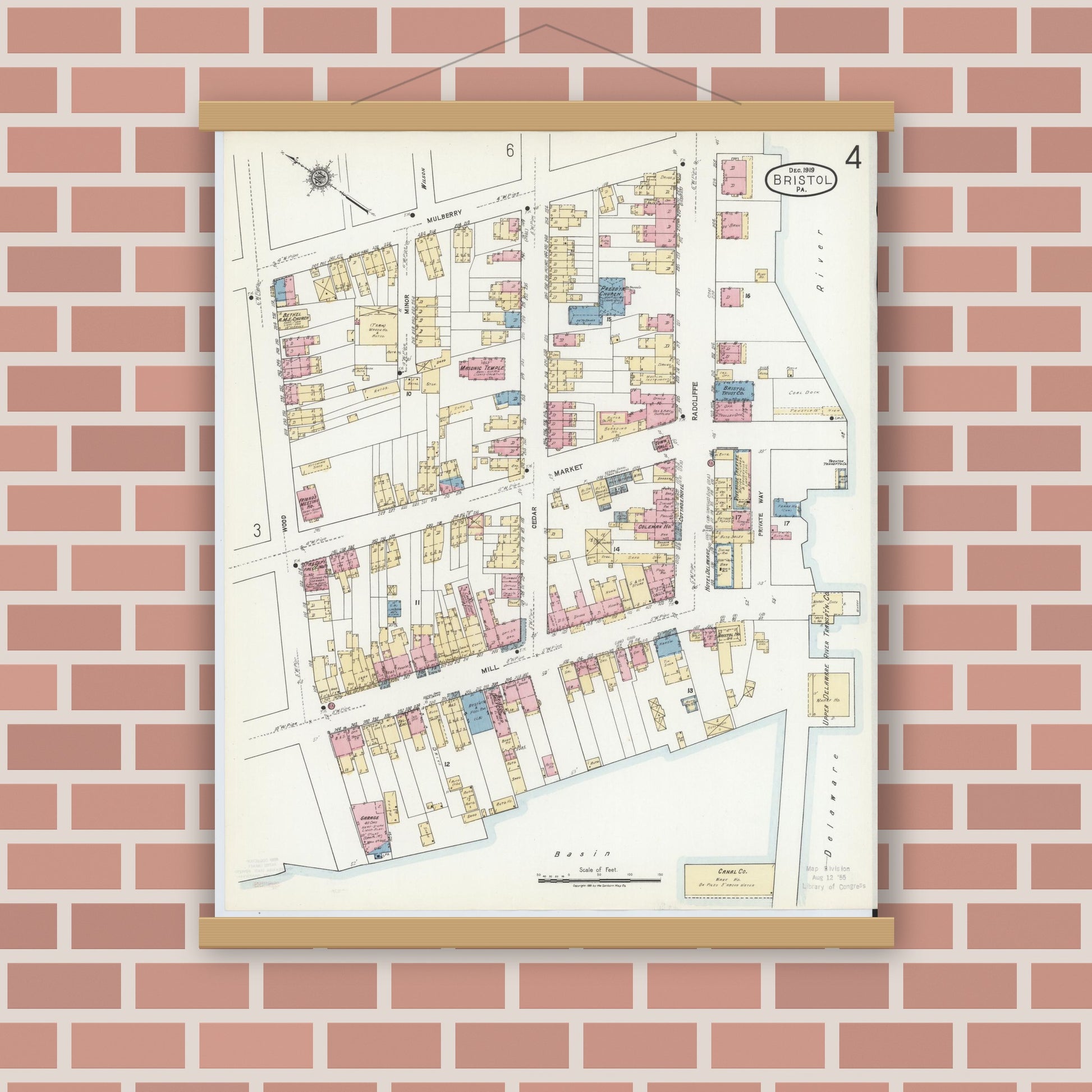 Old map wall art mockup — magnetic wood frame on brick wall — Sanborn Fire Insurance Map from Bristol, Bucks County, Pennsylvania (1927), Sheet #0004