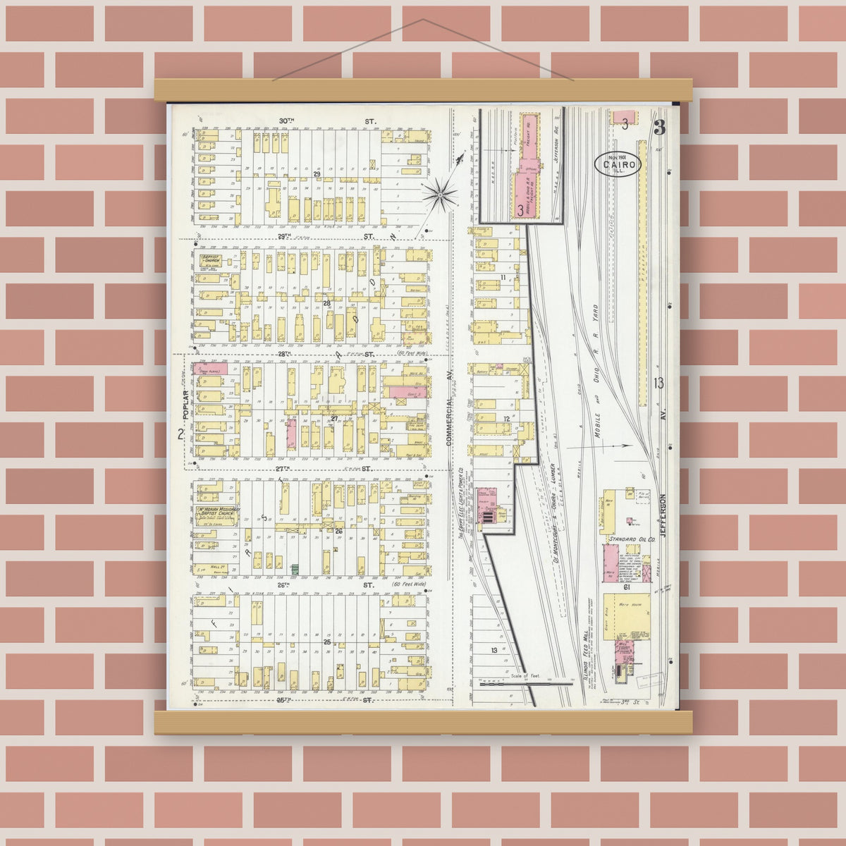 Old map wall art mockup — magnetic wood frame on brick wall — Sanborn Fire Insurance Map from Cairo, Alexander County, Illinois (1901), Sheet #0003