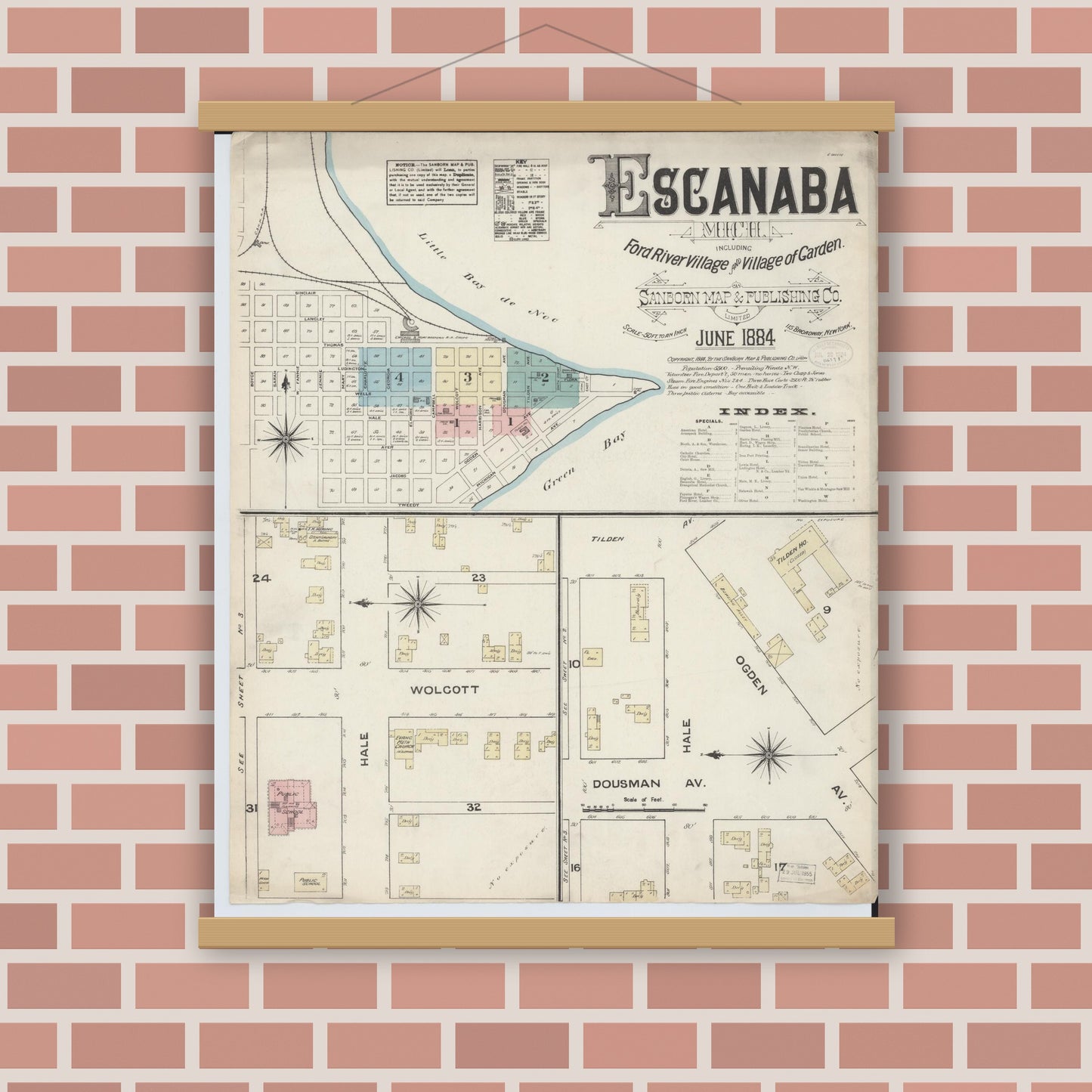 Old map wall art mockup — magnetic wood frame on brick wall — Sanborn Fire Insurance Map from Escanaba, Delta County, Michigan (1884) - Complete Map Set
