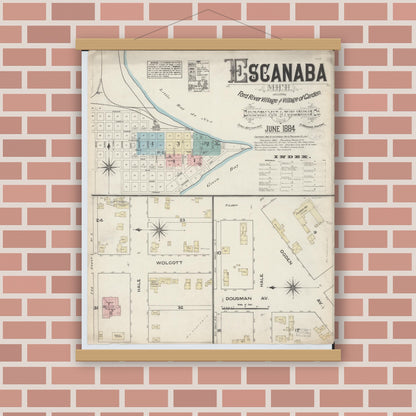Old map wall art mockup — magnetic wood frame on brick wall — Sanborn Fire Insurance Map from Escanaba, Delta County, Michigan (1884) - Complete Map Set