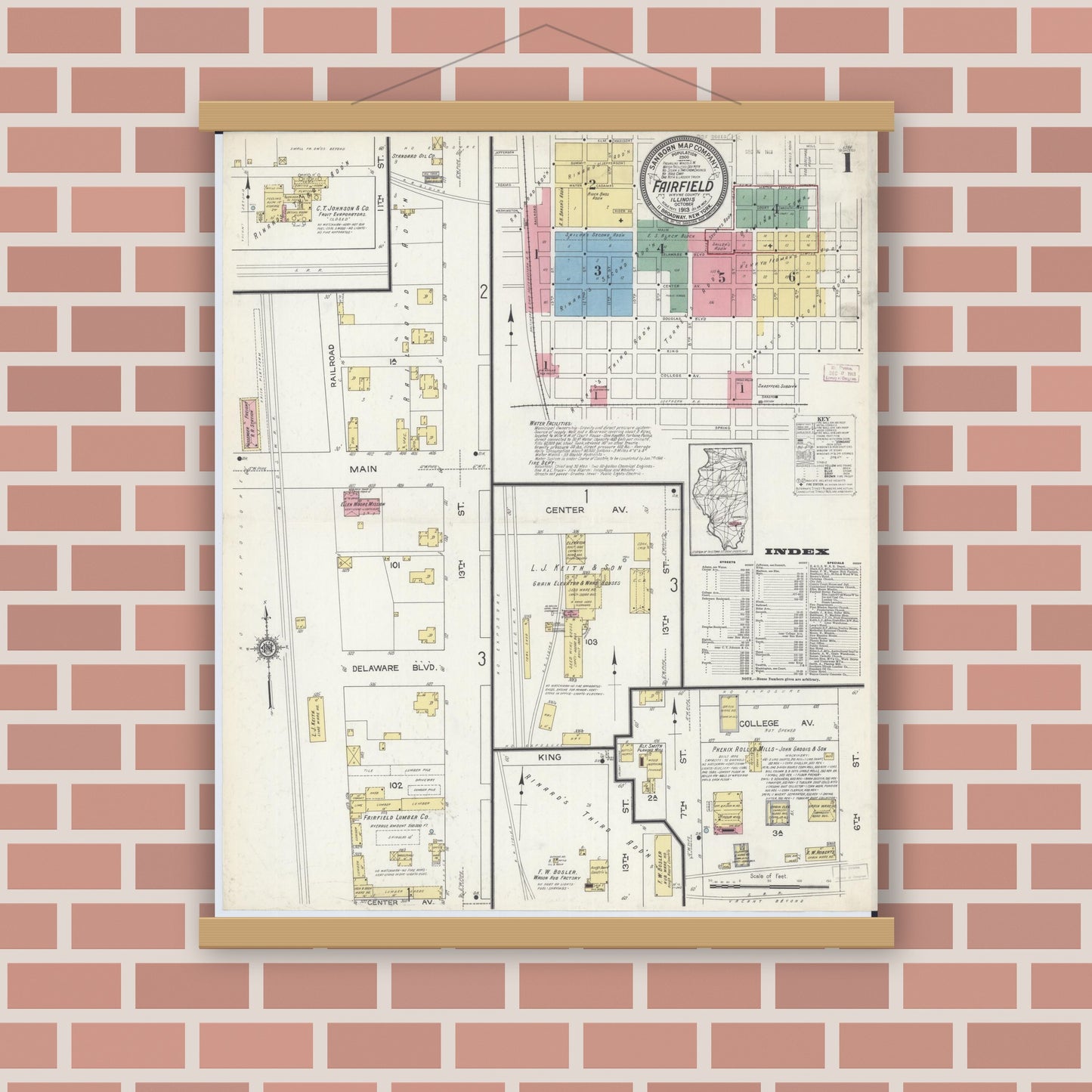 Old map wall art mockup — magnetic wood frame on brick wall — Sanborn Fire Insurance Map from Fairfield, Wayne County, Illinois (1913), Sheet #0001