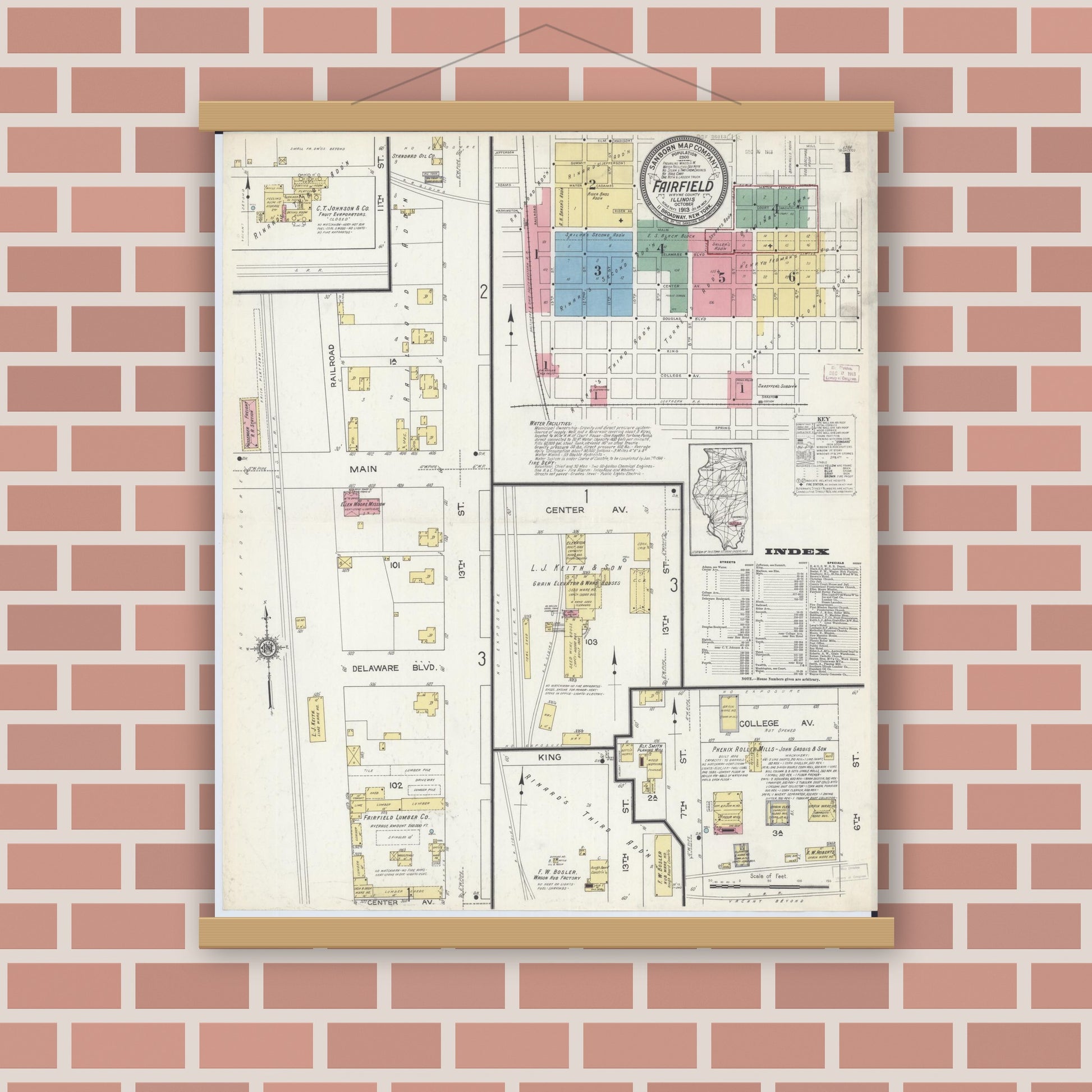 Old map wall art mockup — magnetic wood frame on brick wall — Sanborn Fire Insurance Map from Fairfield, Wayne County, Illinois (1913), Sheet #0001
