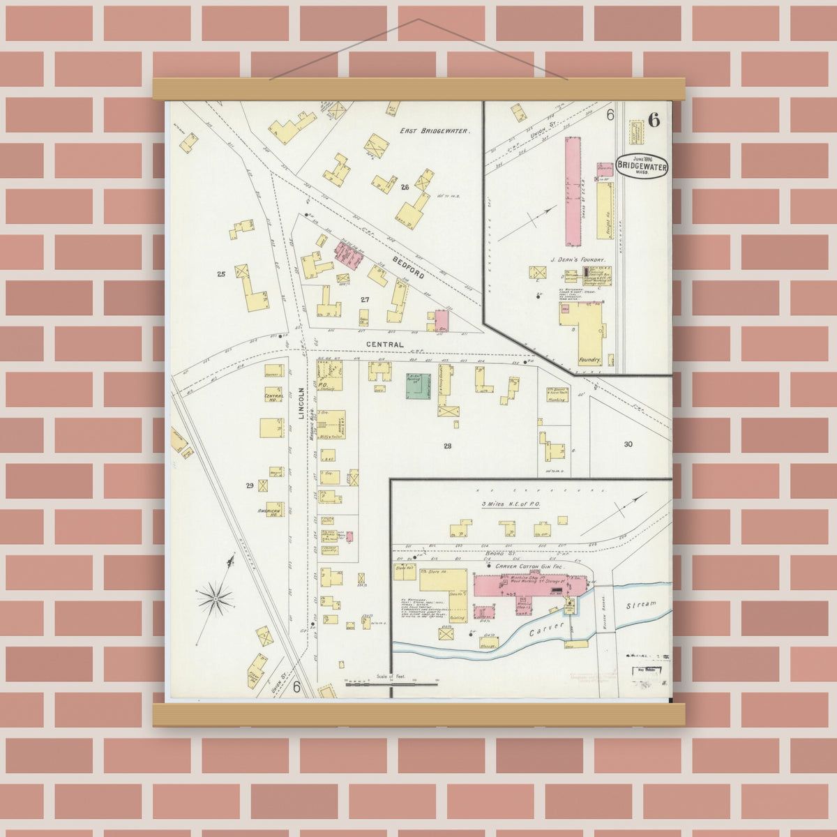 Old map wall art mockup — magnetic wood frame on brick wall — Sanborn Fire Insurance Map from Bridgewater, Plymouth County, Massachusetts (1896), Sheet #0006