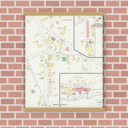 Old map wall art mockup — magnetic wood frame on brick wall — Sanborn Fire Insurance Map from Bridgewater, Plymouth County, Massachusetts (1896), Sheet #0006