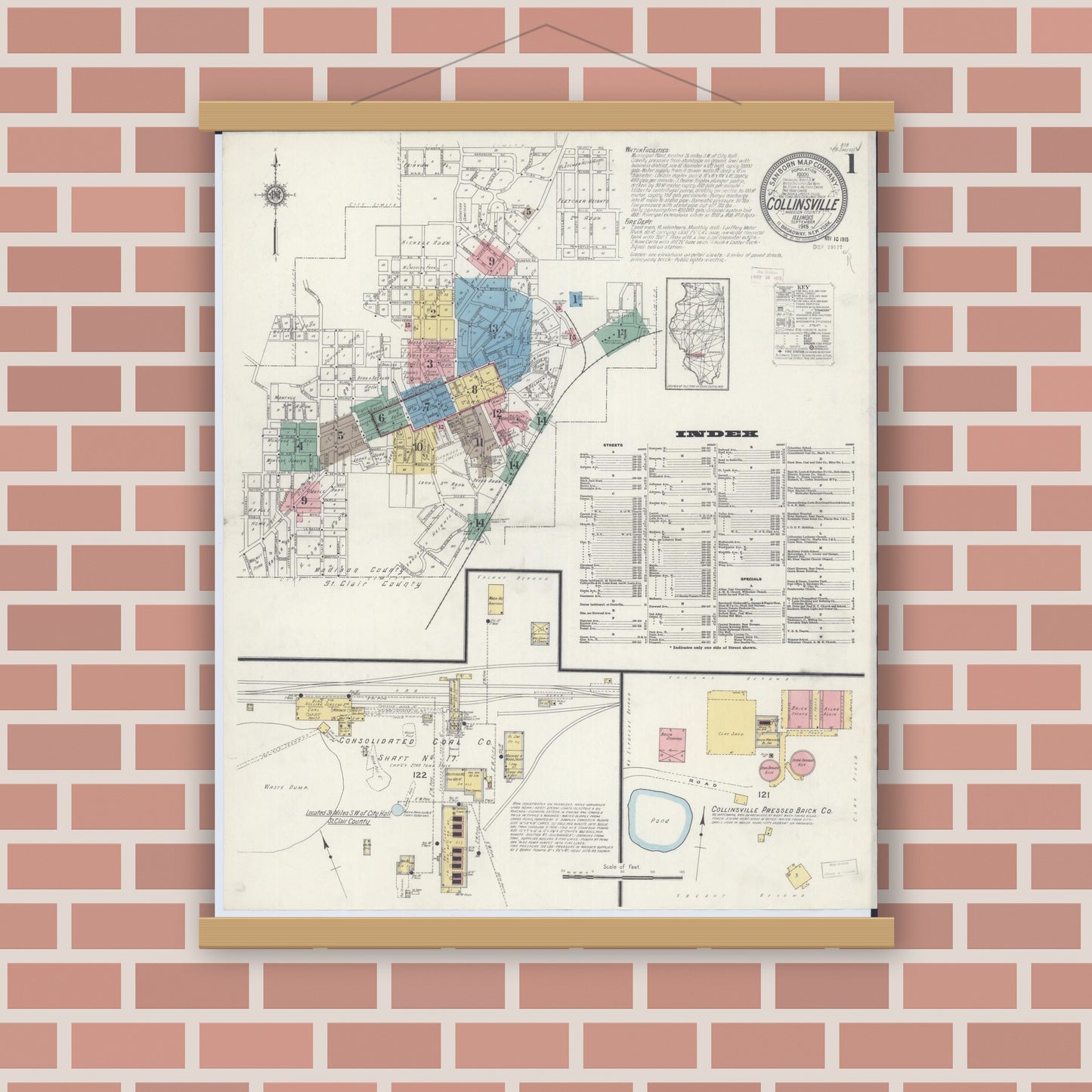 Old map wall art mockup — magnetic wood frame on brick wall — Sanborn Fire Insurance Map from Collinsville, Madison County, Illinois (1915), Sheet #0001