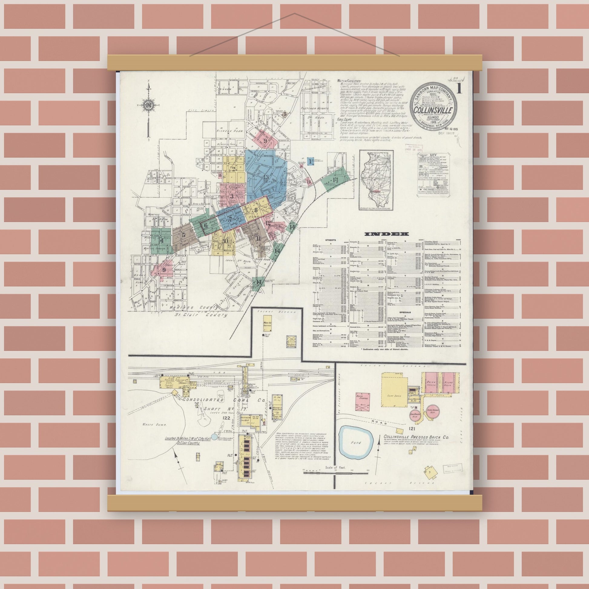 Old map wall art mockup — magnetic wood frame on brick wall — Sanborn Fire Insurance Map from Collinsville, Madison County, Illinois (1915), Sheet #0001