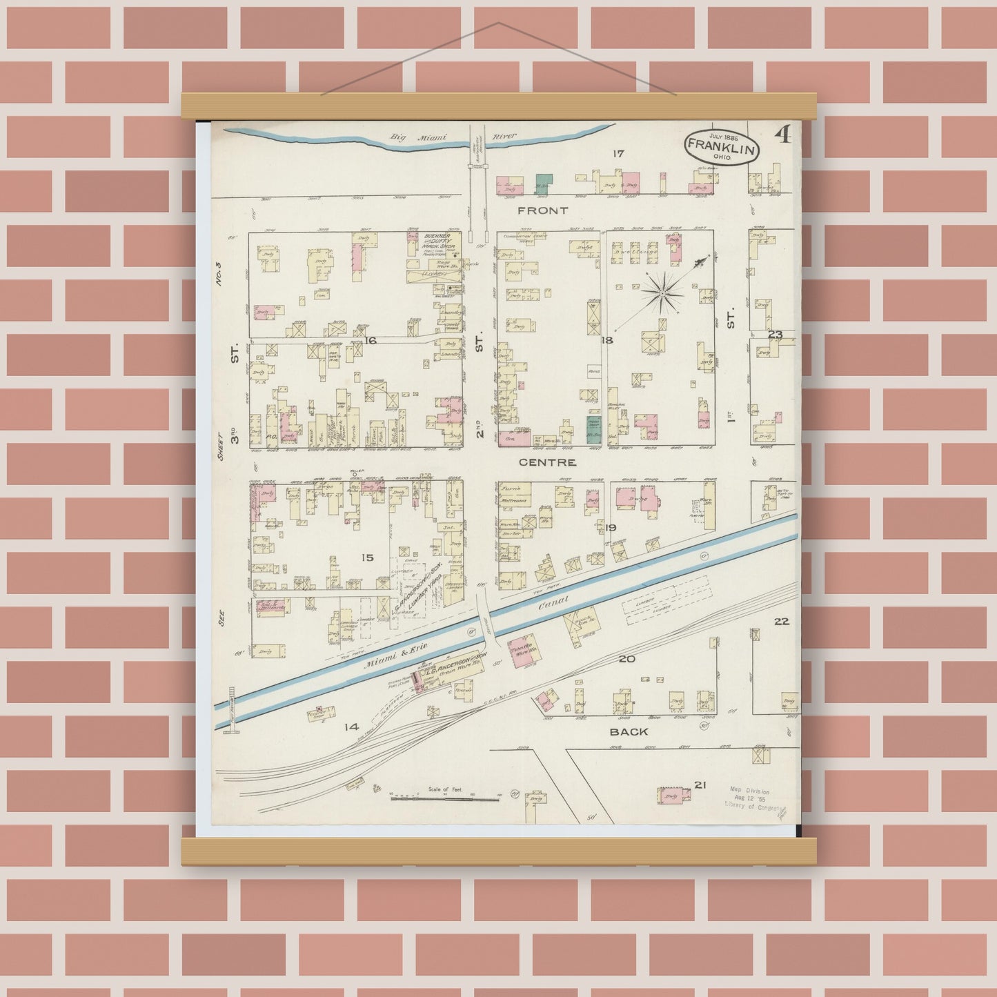 Old map wall art mockup — magnetic wood frame on brick wall — Sanborn Fire Insurance Map from Franklin, Warren County, Ohio (1885), Sheet #0004