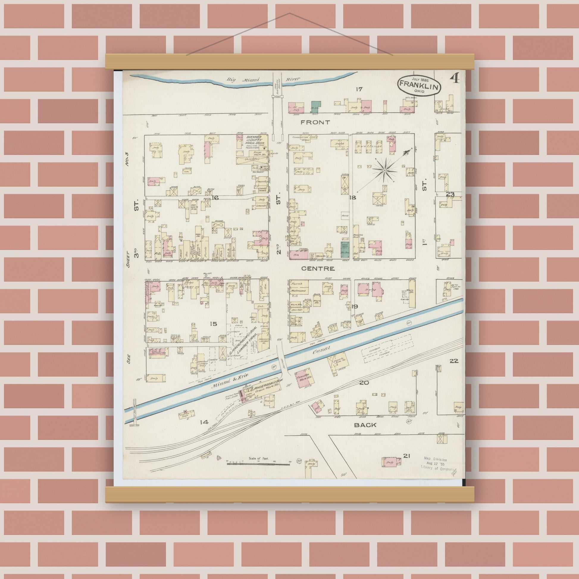 Old map wall art mockup — magnetic wood frame on brick wall — Sanborn Fire Insurance Map from Franklin, Warren County, Ohio (1885), Sheet #0004