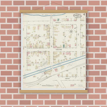 Old map wall art mockup — magnetic wood frame on brick wall — Sanborn Fire Insurance Map from Franklin, Warren County, Ohio (1885), Sheet #0004