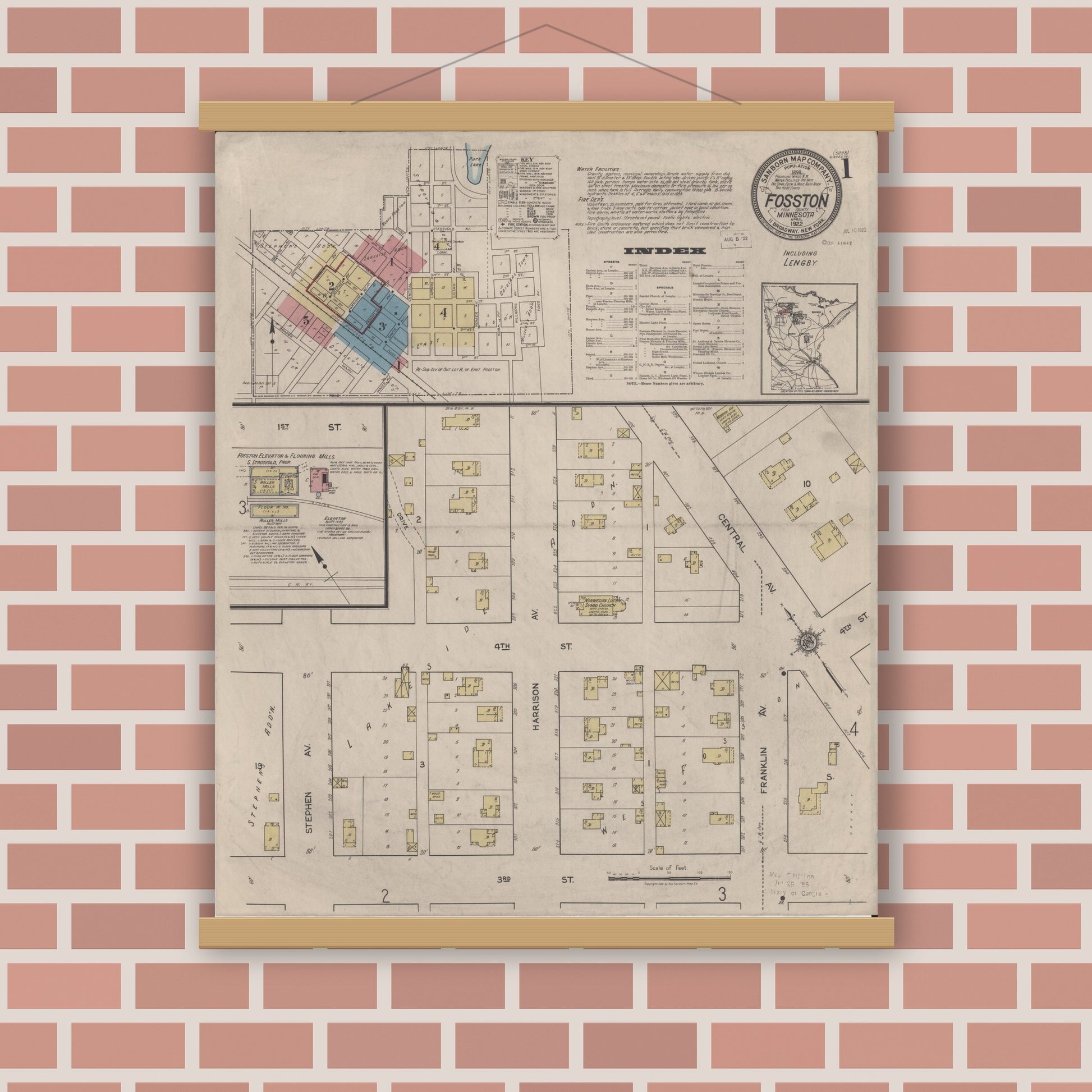 Old map wall art mockup — magnetic wood frame on brick wall — Sanborn Fire Insurance Map from Fosston, Polk County, Minnesota (1922) - Complete Map Set