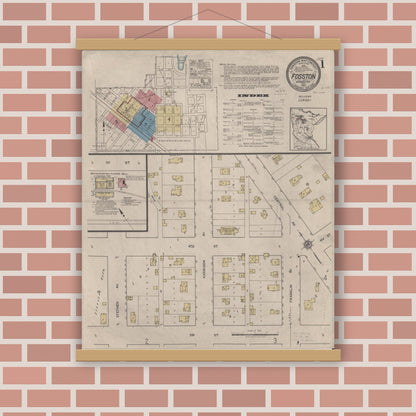 Old map wall art mockup — magnetic wood frame on brick wall — Sanborn Fire Insurance Map from Fosston, Polk County, Minnesota (1922) - Complete Map Set