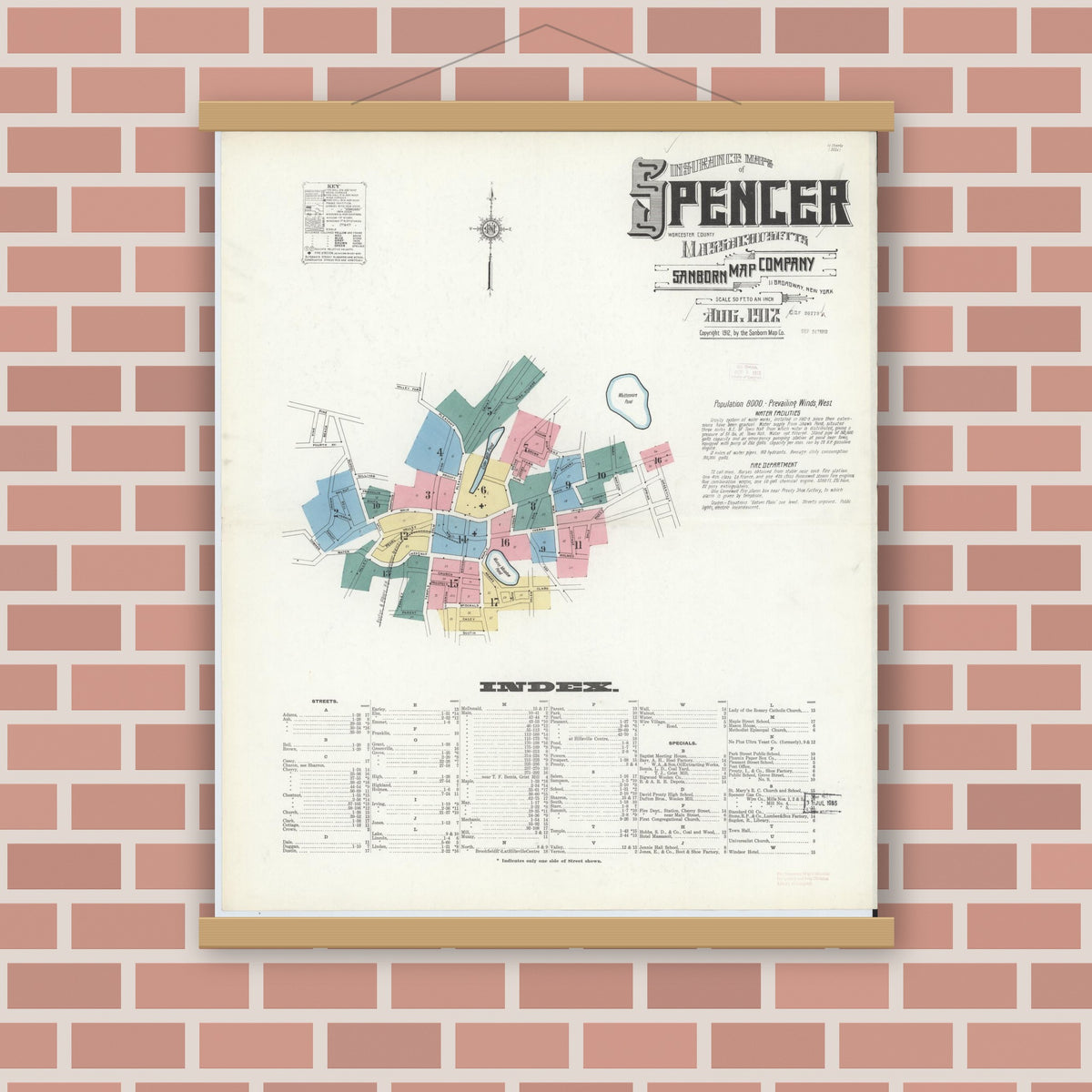 Old map wall art mockup — magnetic wood frame on brick wall — Sanborn Fire Insurance Map from Spencer, Worcester County, Massachusetts (1912), Sheet #0001