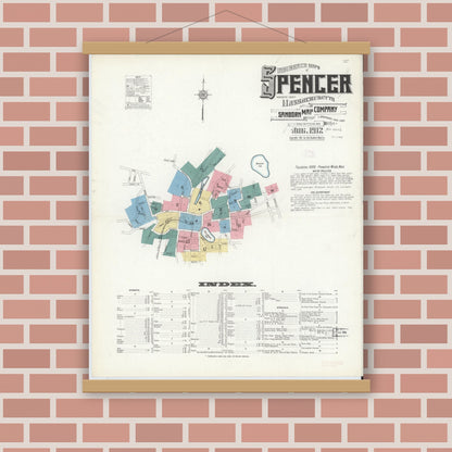 Old map wall art mockup — magnetic wood frame on brick wall — Sanborn Fire Insurance Map from Spencer, Worcester County, Massachusetts (1912), Sheet #0001