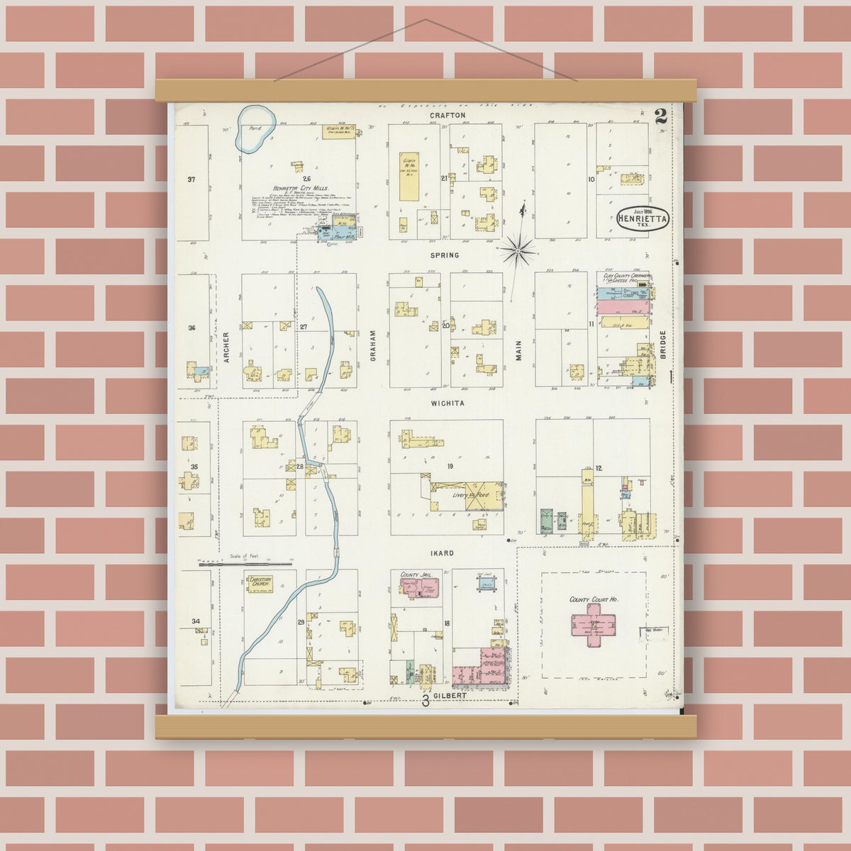 Old map wall art mockup — magnetic wood frame on brick wall — Sanborn Fire Insurance Map from Henrietta, Clay County, Texas (1896), Sheet #0002