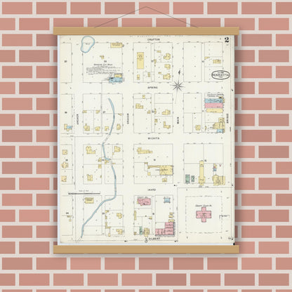 Old map wall art mockup — magnetic wood frame on brick wall — Sanborn Fire Insurance Map from Henrietta, Clay County, Texas (1896), Sheet #0002