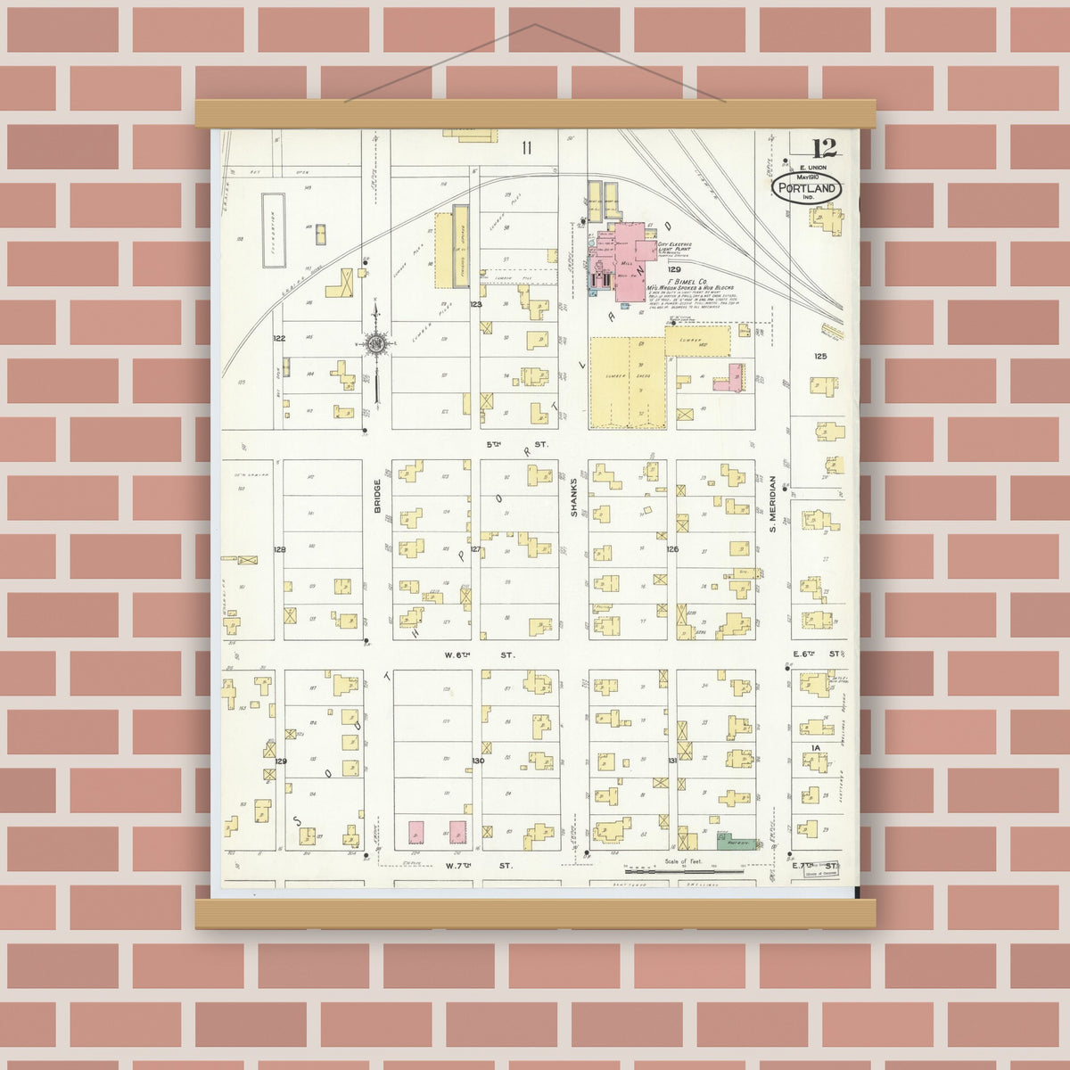 Old map wall art mockup — magnetic wood frame on brick wall — Sanborn Fire Insurance Map from Portland, Jay County, Indiana (1910), Sheet #0012