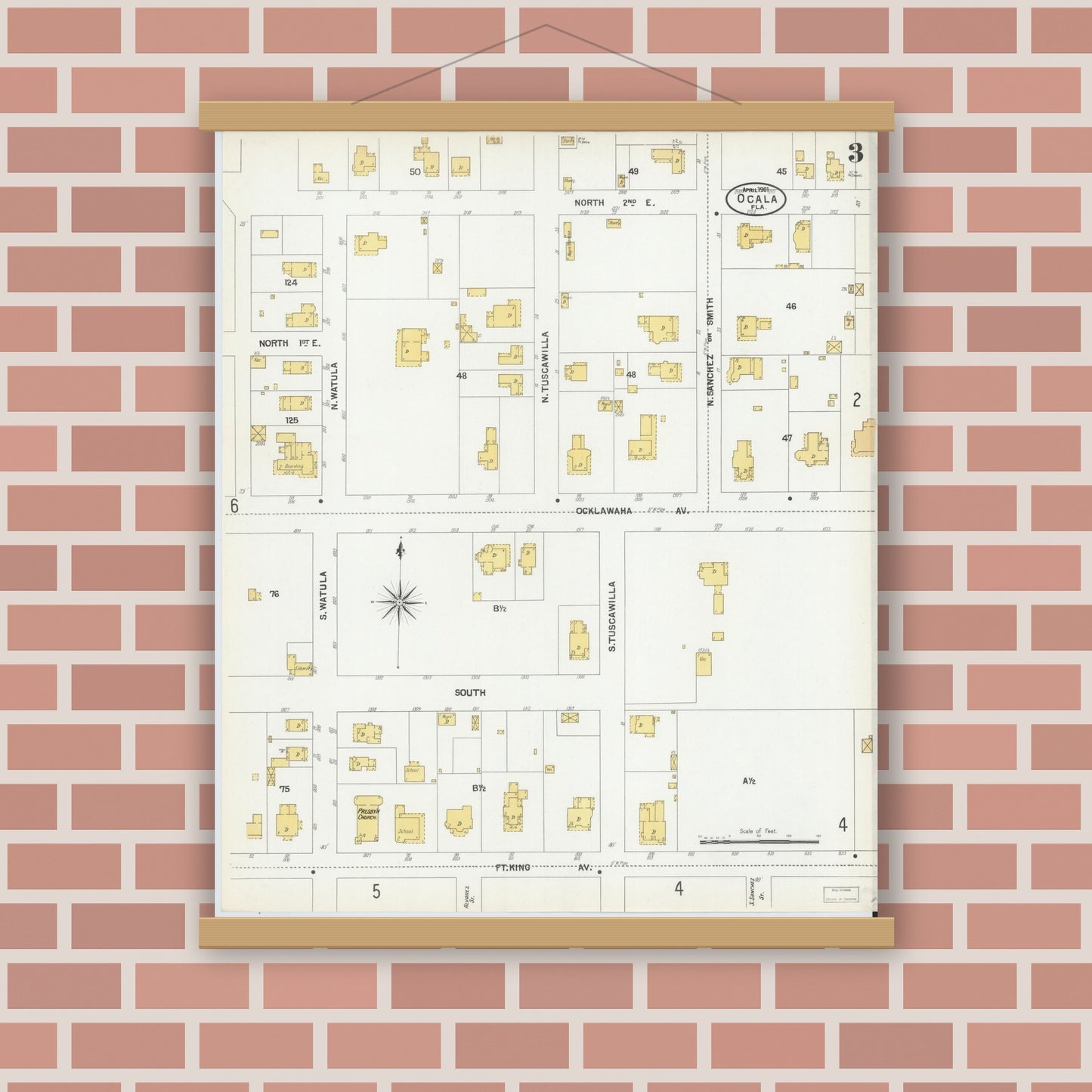 Old map wall art mockup — magnetic wood frame on brick wall — Sanborn Fire Insurance Map from Ocala, Marion County, Florida (1901), Sheet #0003