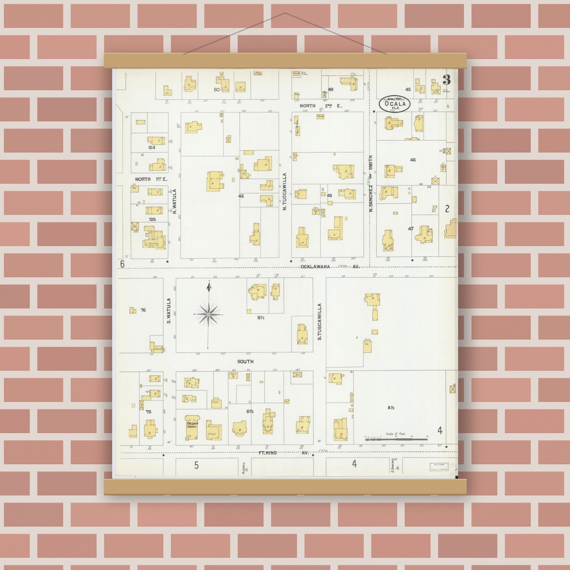 Old map wall art mockup — magnetic wood frame on brick wall — Sanborn Fire Insurance Map from Ocala, Marion County, Florida (1901), Sheet #0003