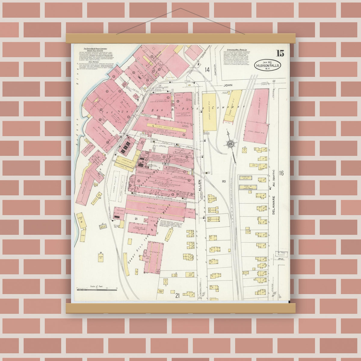 Old map wall art mockup — magnetic wood frame on brick wall — Sanborn Fire Insurance Map from Hudson Falls, Washington County, New York (1913), Sheet #0015