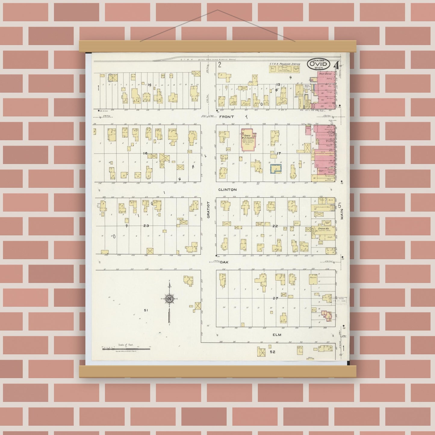 Old map wall art mockup — magnetic wood frame on brick wall — Sanborn Fire Insurance Map from Ovid, Clinton County, Michigan (1918), Sheet #0004