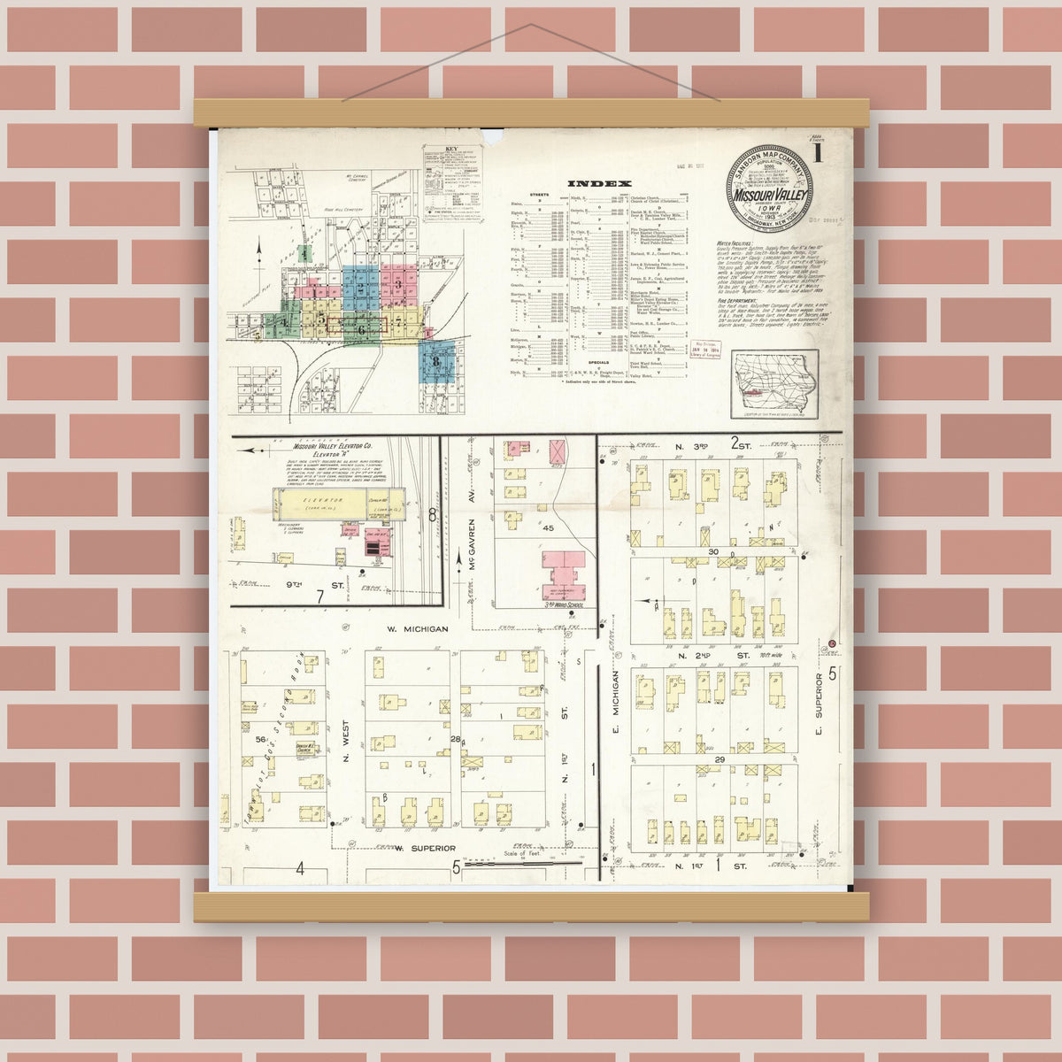 Old map wall art mockup — magnetic wood frame on brick wall — Sanborn Fire Insurance Map from Missouri Valley, Harrison County, Iowa (1913) â€” Complete Set