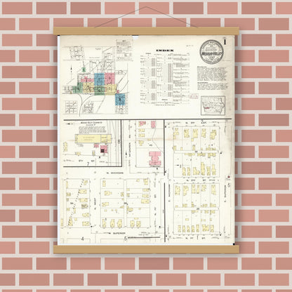 Old map wall art mockup — magnetic wood frame on brick wall — Sanborn Fire Insurance Map from Missouri Valley, Harrison County, Iowa (1913) â€” Complete Set