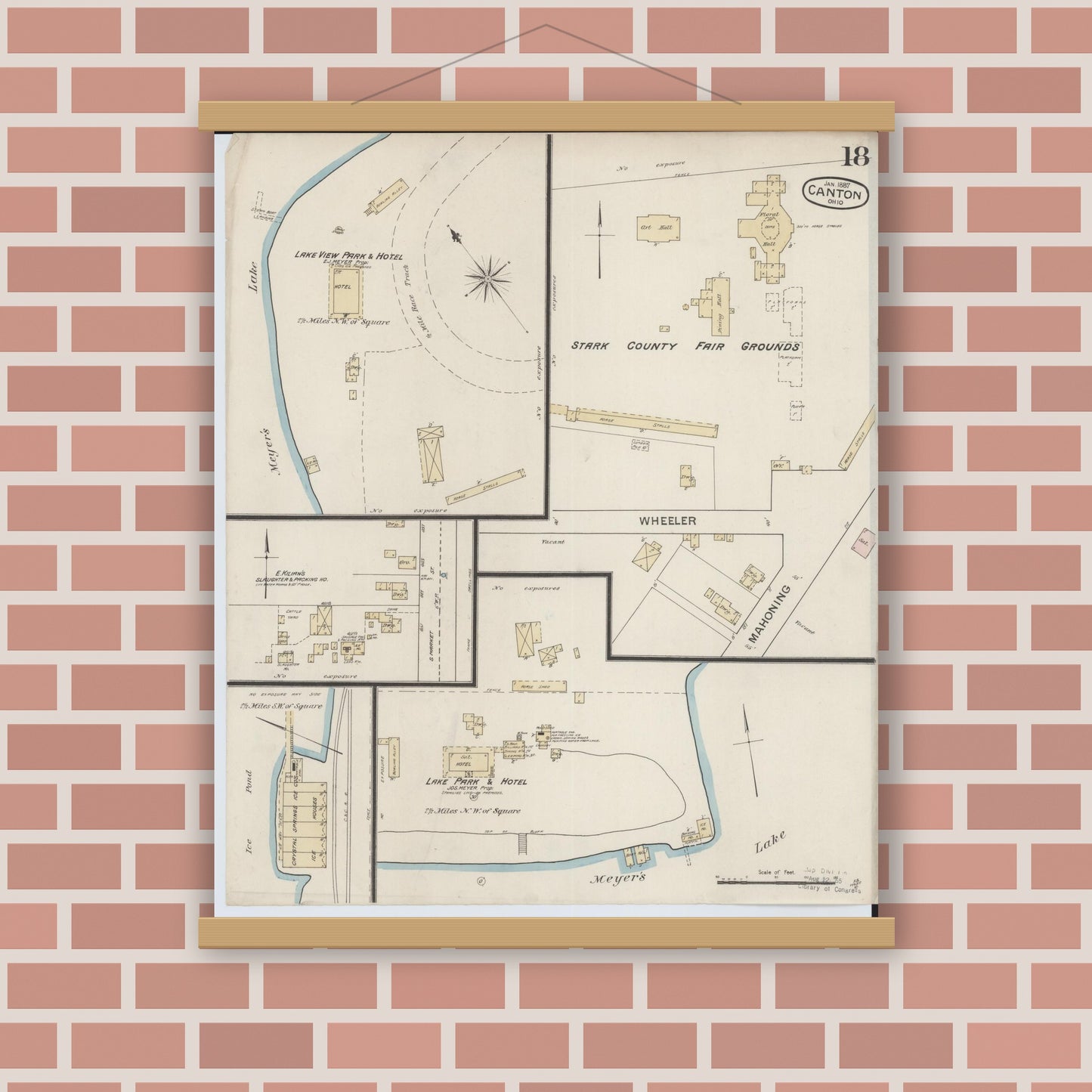 Old map wall art mockup — magnetic wood frame on brick wall — Sanborn Fire Insurance Map from Canton, Stark County, Ohio (1887), Sheet #0018