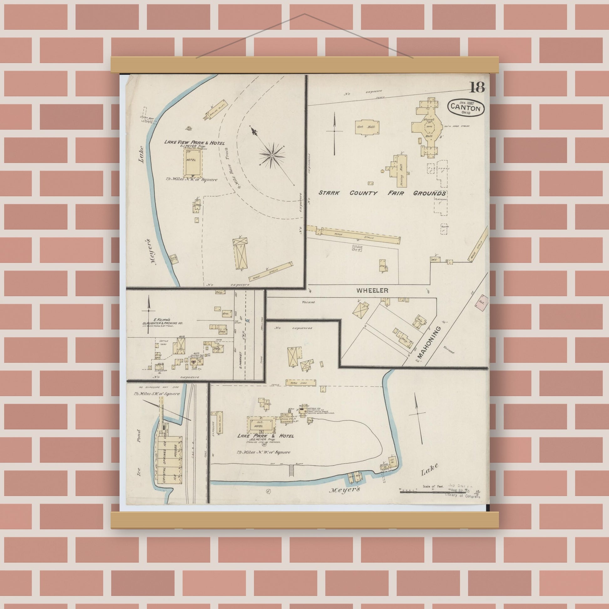 Old map wall art mockup — magnetic wood frame on brick wall — Sanborn Fire Insurance Map from Canton, Stark County, Ohio (1887), Sheet #0018