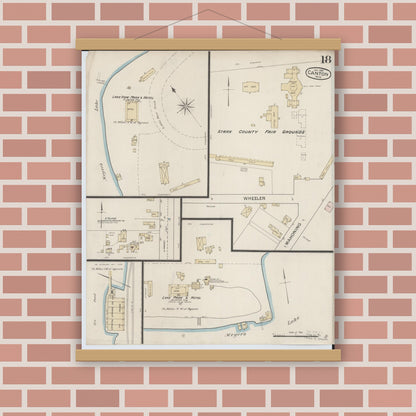 Old map wall art mockup — magnetic wood frame on brick wall — Sanborn Fire Insurance Map from Canton, Stark County, Ohio (1887), Sheet #0018